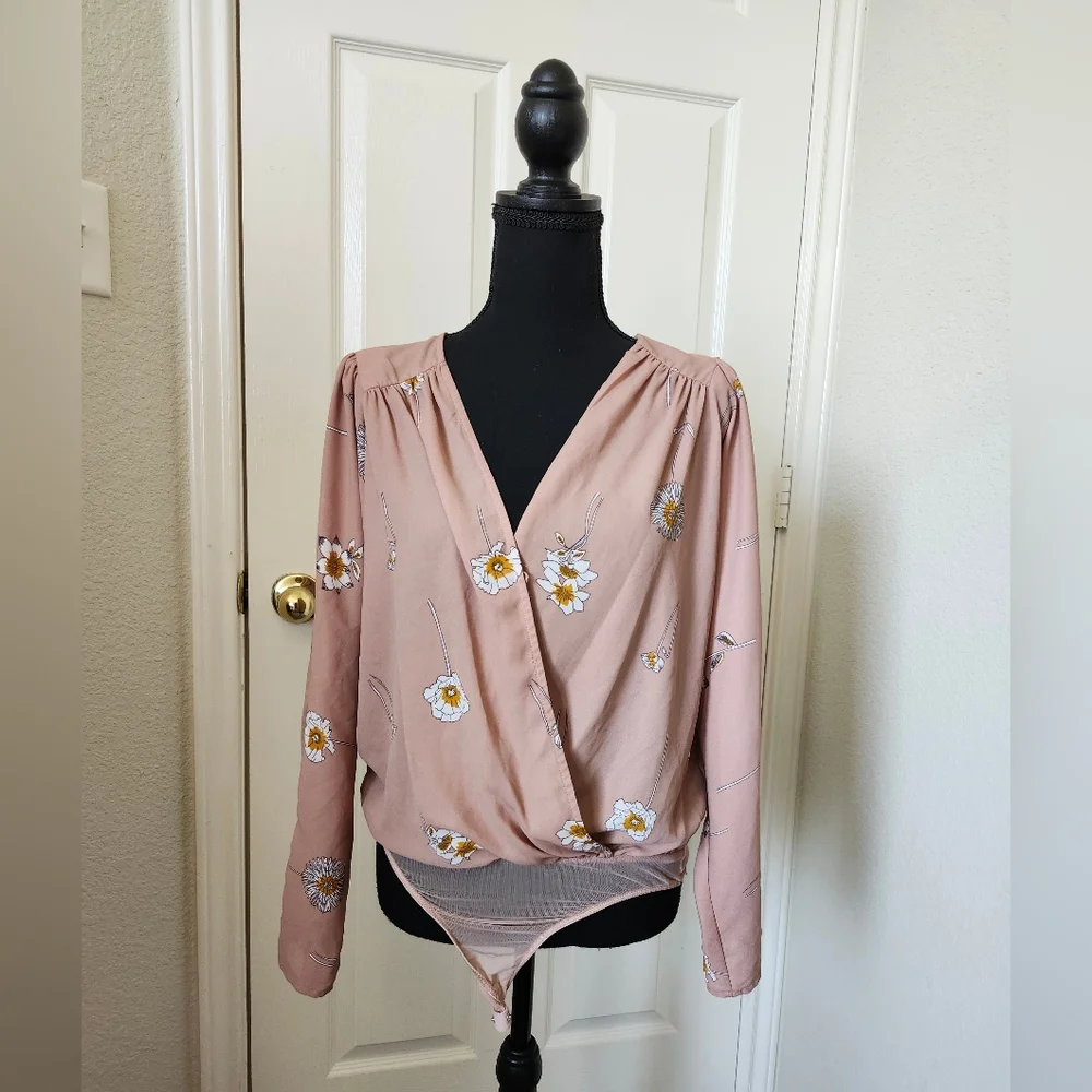 Astr Blush Floral Wrap Bodysuit Long Sleeve S